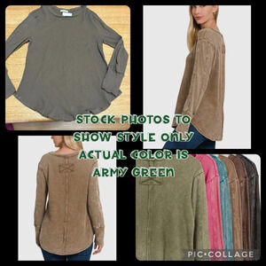 Zenana NWOT green/brown waffle knit scoop neck top size Large 21” p2p